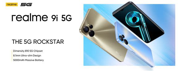 realme 9i 5G搭載聯發科天璣810 5G處理器與8.1mm極致纖薄機身。