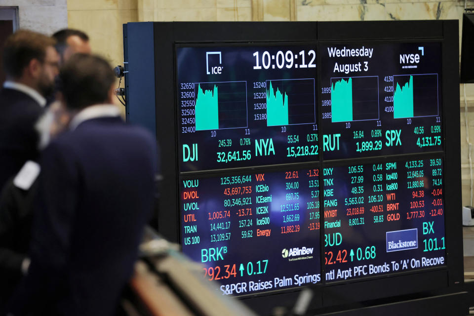 A screen displays market information on the trading floor at the New York Stock Exchange (NYSE) in Manhattan, New York City, U.S., August 3, 2022. REUTERS/Andrew Kelly