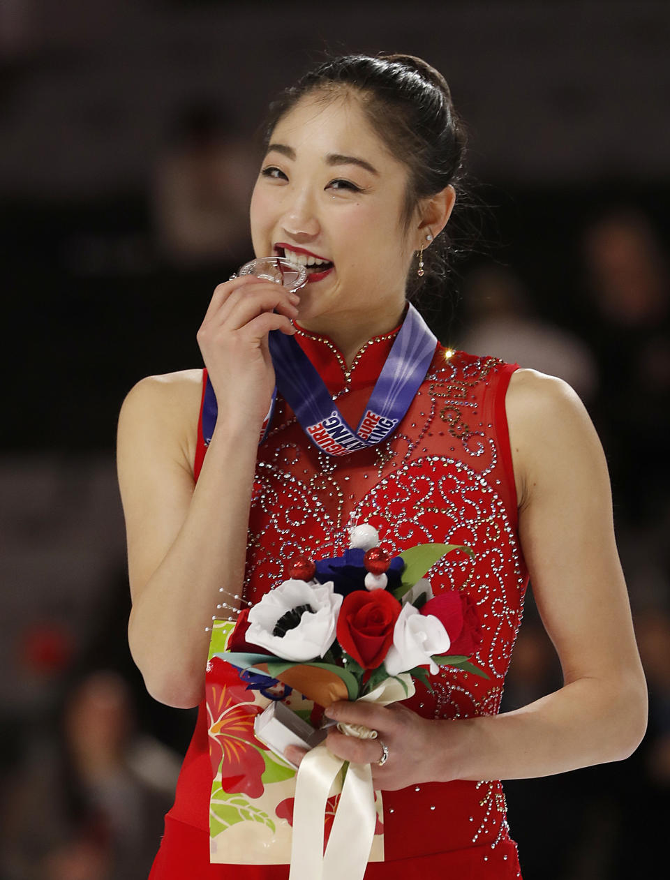 Mirai Nagasu poses after finishing second in the women’s free skate event at the U.S. Figure Skating Championships in San Jose, Calif., on Jan. 5, 2018. (AP Photo/Tony Avelar)