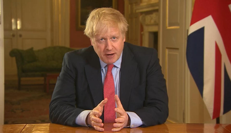 Screen grab of Prime Minister Boris Johnson addressing the nation from 10 Downing Street, London, as he placed the UK on lockdown as the Government seeks to stop the spread of coronavirus (COVID-19). (Photo by PA Video/PA Images via Getty Images)