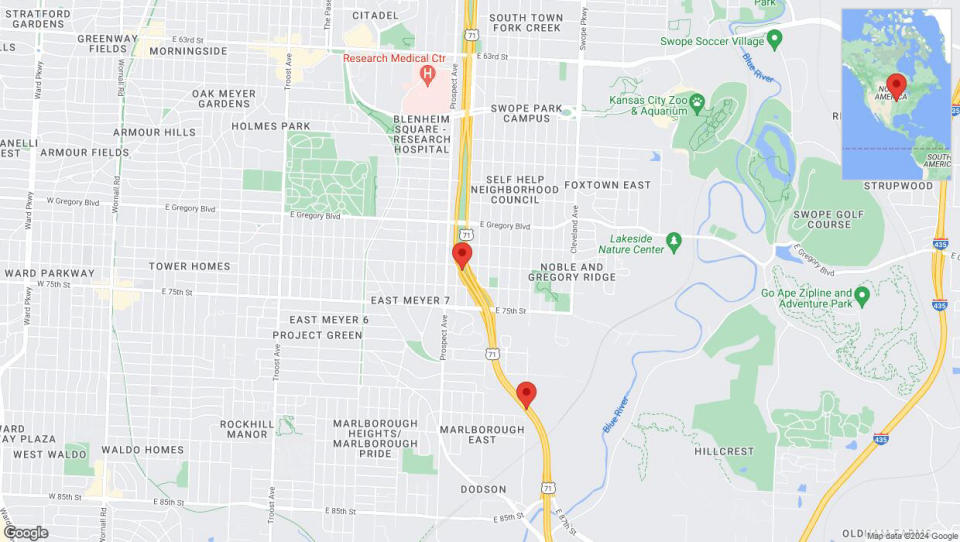A detailed map that shows the affected road due to 'Heavy rain prompts traffic advisory on southbound US-71 South in Kansas City' on May 2nd at 5:26 p.m.