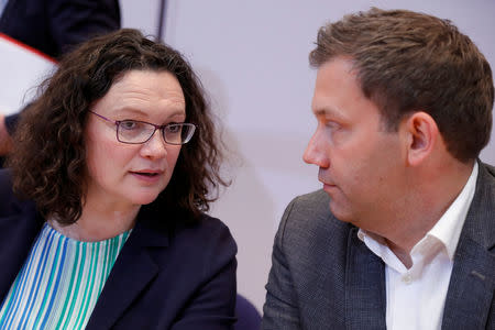 Andrea Nahles, leader of Germany's Social Democratic Party (SPD) and party secretary general Lars Klingbeil attend a news conference following the European Parliament election results, in Berlin, Germany, May 27, 2019. REUTERS/Fabrizio Bensch