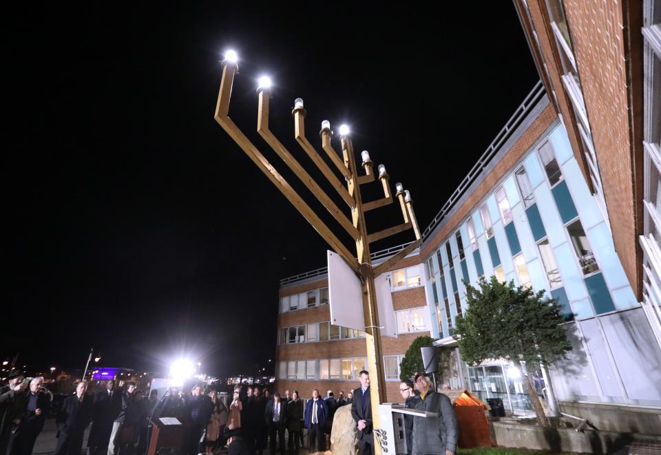 The Hanukkah menorah is lit at the Allison-Parris Rockland County Office Building in New City Dec. 19, 2022. Chabad of Rockland sponsored the event.