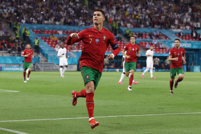 Portugal’s Cristiano Ronaldo celebrates after scoring at Euro 2020