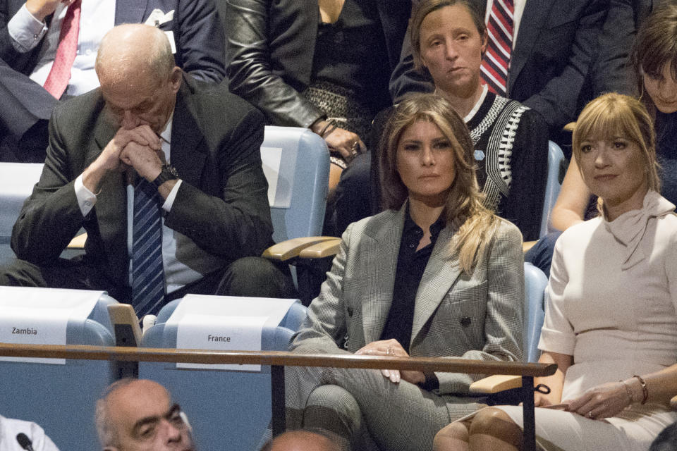 <p>White House Chief of Staff John Kelly, left, reacts as he and first lady Melania Trump listen to President Trump speak during the 72nd session of the United Nations General Assembly at U.N. headquarters, Tuesday, Sept. 19, 2017. (Photo: Mary Altaffer/AP) </p>