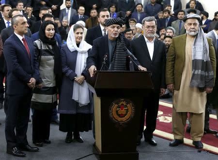 Afghanistan's President Ashraf Ghani speaks to the media after arriving to register as a candidate for the upcoming presidential election at the Afghanistan's Independent Election Commission (IEC) in Kabul, Afghanistan January 20, 2019.REUTERS/Omar Sobhani