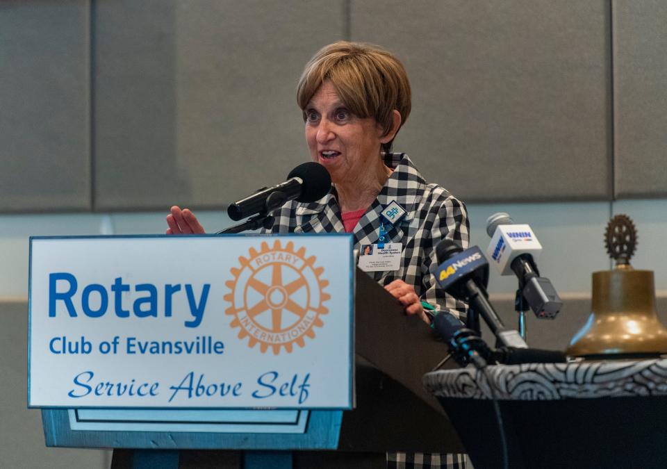 Linda E. White addresses the crowd after being honored with the 2022 Rotary Club of Evansville's Civic Award at Bally's Evansville Conference Center in Downtown Evansville, Ind., Tuesday afternoon, June 13, 2023.