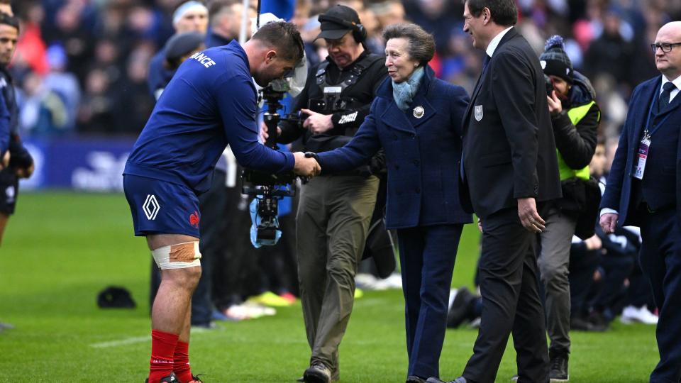 Princess Anne, Patron of Scottish Rugby Union, shakes hands with Gregory Alldritt of France prior to the Guinness Six Nations 2024 match between Scotland and France at BT Murrayfield Stadium on February 10, 2024 in Edinburgh, Scotland. 