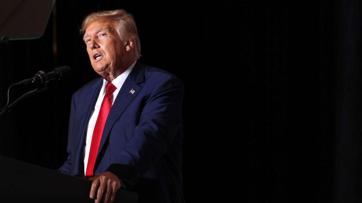 PHOTO: Former President Donald Trump speaks to supporters during a Farmers for Trump campaign event at the MidAmerica Center on July 7, 2023, in Council Bluffs, Iowa. (Scott Olson/Getty Images)