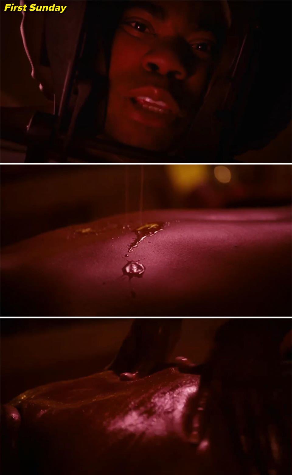 Close-up of Tracy Morgan's face, followed by two images of oil being dripped onto their back and massaged in during a scene of "First Sunday"