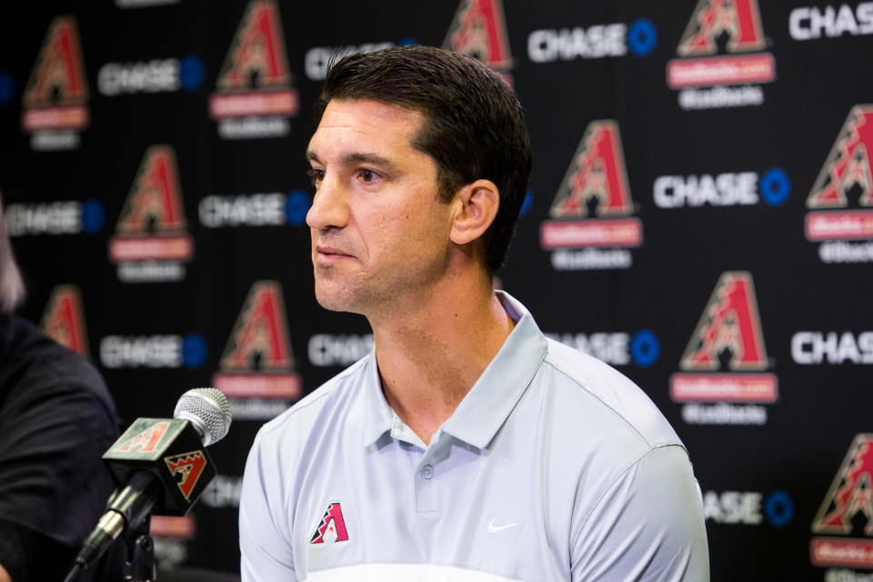 PHOENIX, AZ - OCTOBER 17: Arizona Diamondbacks General Manager, Mike Hazen, addresses the media during a press conference in regards to his new position on October 17, 2016 in Phoenix, Arizona. (Photo by Sarah Sachs/Arizona Diamondbacks/Getty Images)