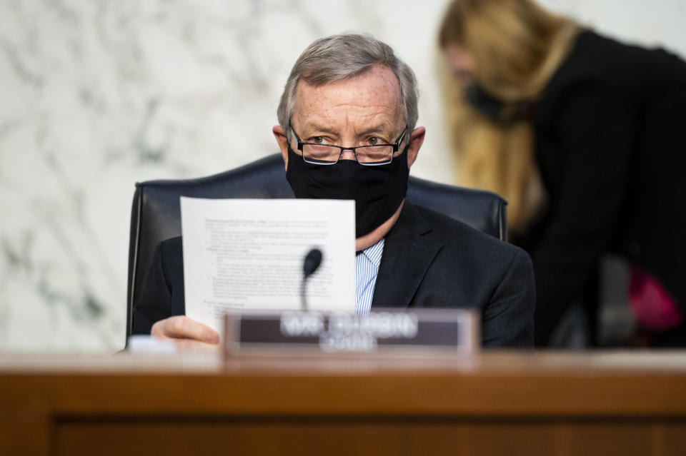 Chairman Dick Durbin, D-Ill., listens during a Senate Judiciary Committee hearing on voting rights on Capitol Hill in Washington, Tuesday, April 20, 2021. (Bill Clark/Pool via AP)