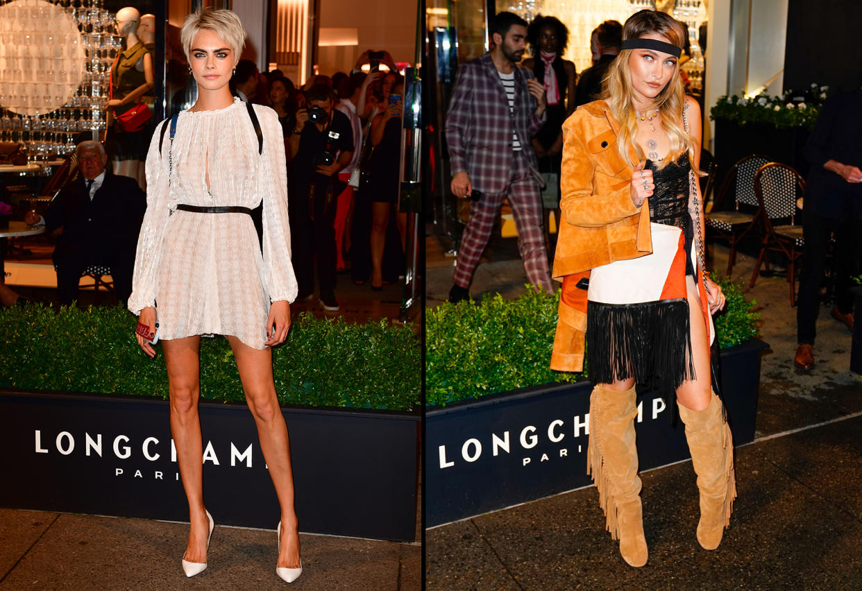 Cara Delevingne and Paris Jackson arrive separately to the Longchamp Fifth Avenue opening in NYC on May 3, 2018. (Photo: James Devaney/GC Images)