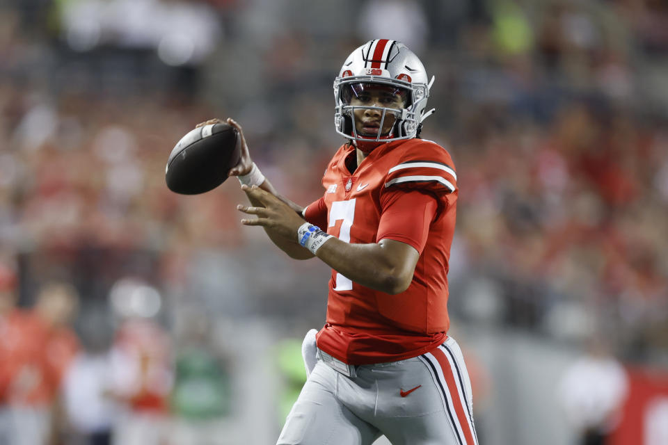 Ohio State quarterback C.J. Stroud OR looks for a receiver during the second half of the team's NCAA college football game against Toledo on Saturday, Sept. 17, 2022, in Columbus, Ohio. (AP Photo/Jay LaPrete)
