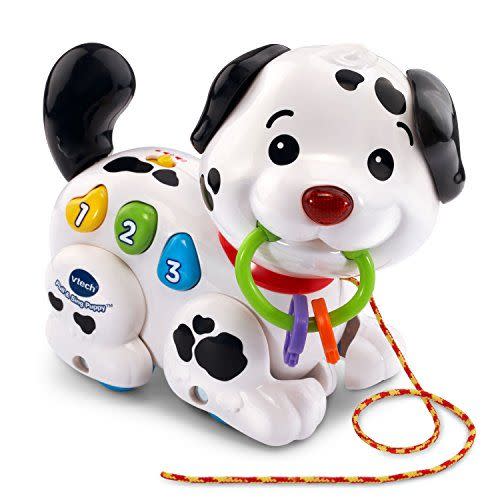 <p><strong>VTech</strong></p><p>amazon.com</p><p><strong>$16.88</strong></p><p><a href="https://www.amazon.com/dp/B01MQ3YP7Y?tag=syn-yahoo-20&ascsubtag=%5Bartid%7C10070.g.34346479%5Bsrc%7Cyahoo-us" rel="nofollow noopener" target="_blank" data-ylk="slk:Shop Now;elm:context_link;itc:0;sec:content-canvas" class="link ">Shop Now</a></p><p>Your little one might not be responsible enough for a real puppy yet, but this playful puppy toy could be the perfect introduction to pets. It also helps teach little ones numbers and colors. </p>