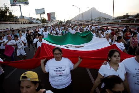 Teachers and supporters carry a large Mexican flag during a march to protest against President Enrique Pena Nieto's education reform, in Monterrey, Mexico July 6, 2016. REUTERS/Daniel Becerril