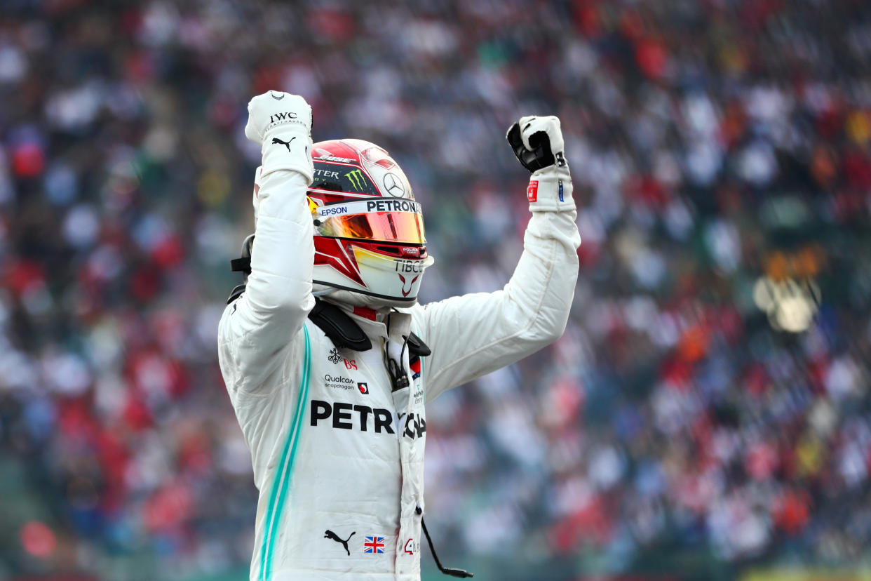 MEXICO CITY, MEXICO - OCTOBER 27: Race winner Lewis Hamilton of Great Britain and Mercedes GP celebrates in parc ferme during the F1 Grand Prix of Mexico at Autodromo Hermanos Rodriguez on October 27, 2019 in Mexico City, Mexico. (Photo by Dan Istitene/Getty Images)