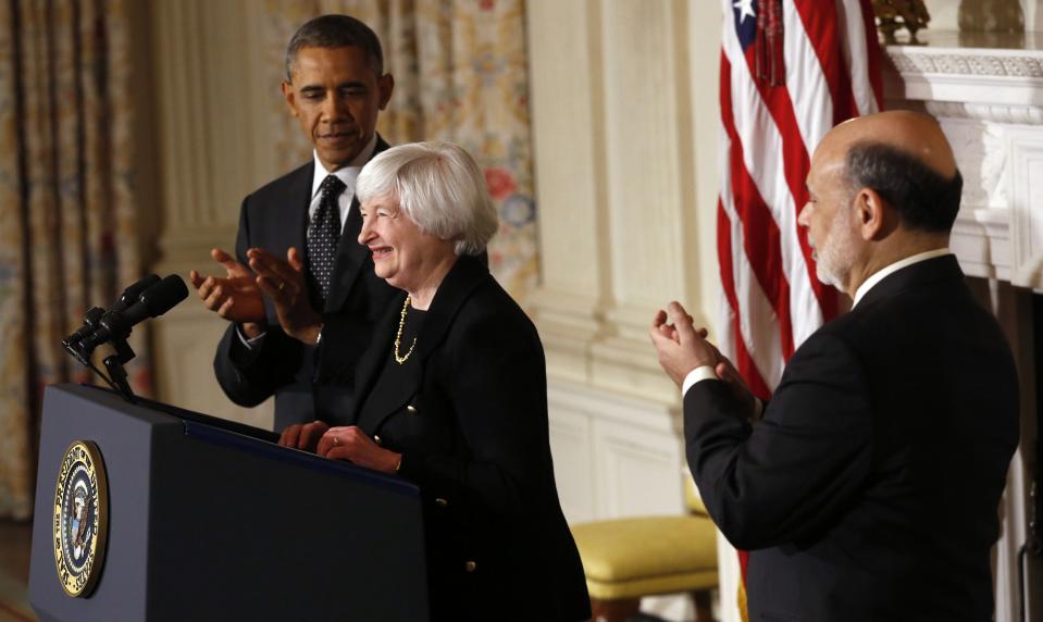 U.S. President Obama and outgoing Federal Reserve Chairman Bernanke applaud after nomination of Yellen in Washington