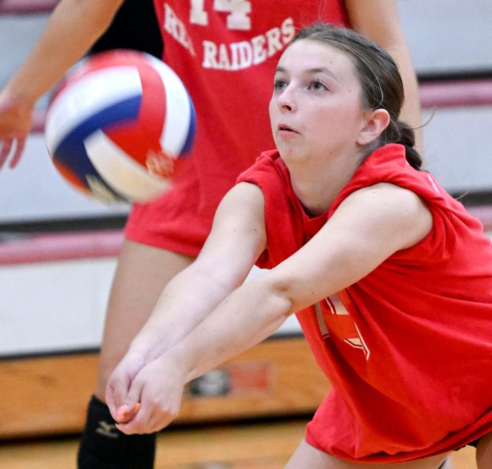 Mackenzie Vetorino of Barnstable digs out a shot against Old Rochester in a volleyball scrimmage Wednesday in Hyannis.
