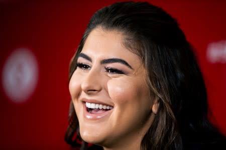 Canadian tennis player Bianca Andreescu speaks with the news media about her win at the U.S. Open