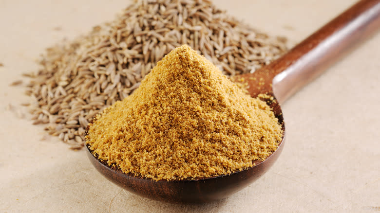 ground cumin spoon with cumin seeds