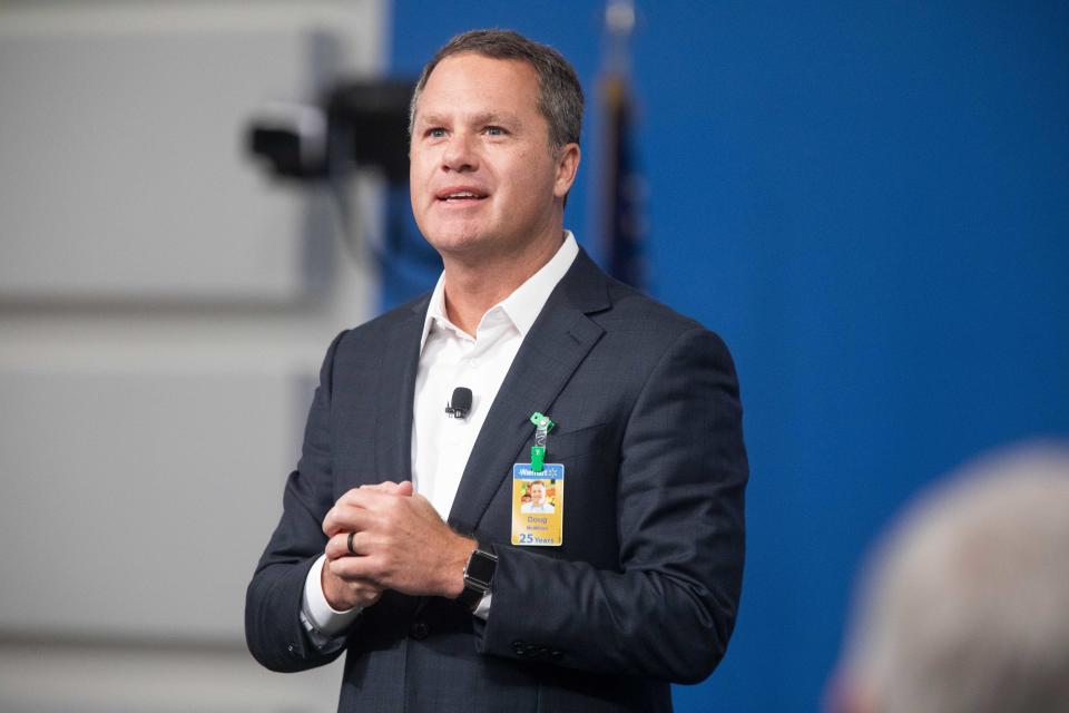 IMAGE DISTRIBUTED FOR WALMART - Walmart President and CEO, Doug McMillon, announced today that Walmart will give hiring preference to military spouses, becoming the largest U.S. company to make such a commitment. This announcement came during a Veterans Day ceremony on Monday, Nov. 12, 2018 in Bentonville, Ark. (Gareth Patterson/AP Images for Walmart)