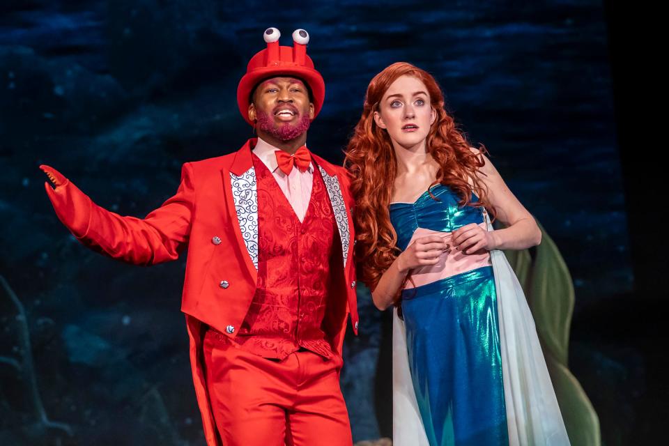 Sebastian the crab, played by Zachary Flack, and Ariel, played by Emma Skaggs, are pictured in a scene from "The Little Mermaid" at the Croswell Opera House.