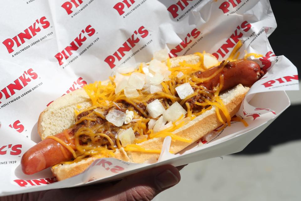 PinkÕs offers a variety of hot dogs during the BNP Paribas Open at the Indian Wells Tennis Garden in Indian Wells, Calif., on Wednesday, March 8, 2023.