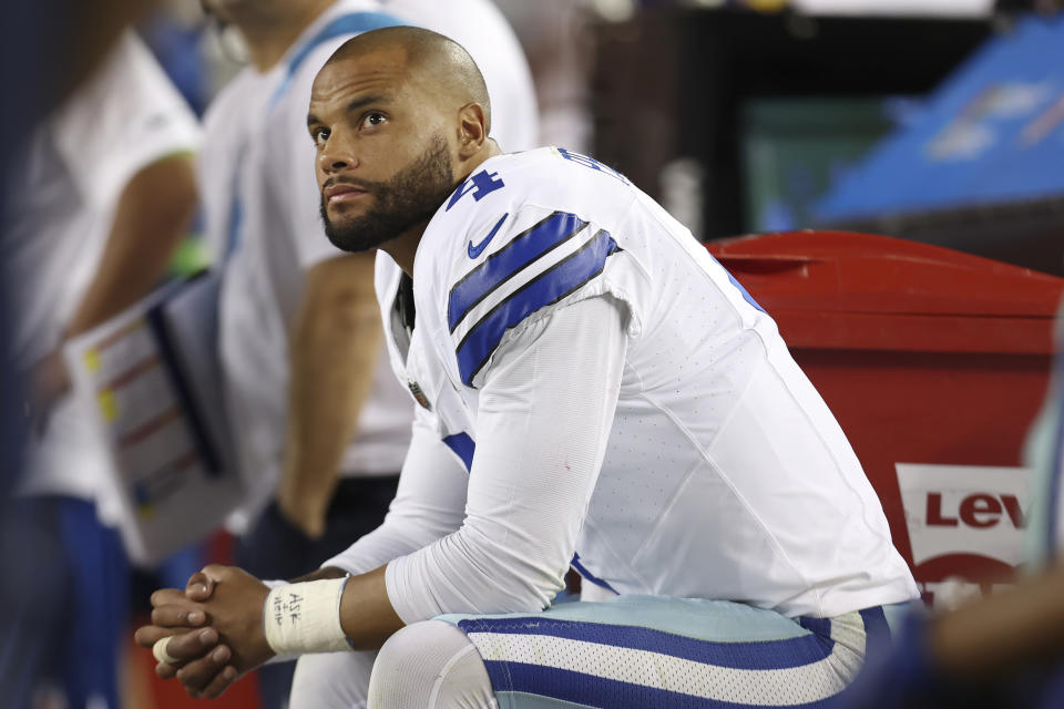 Dallas Cowboys quarterback Dak Prescott sits on the bench during the second half of an NFL football game against the San Francisco 49ers in Santa Clara, Calif., Sunday, Oct. 8, 2023. (AP Photo/Jed Jacobsohn)