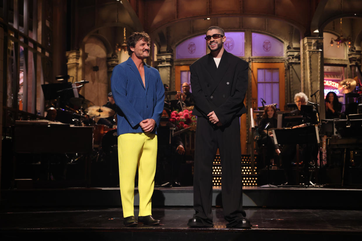 Pedro Pascal joins Bad Bunny during the opening monologue on SNL.