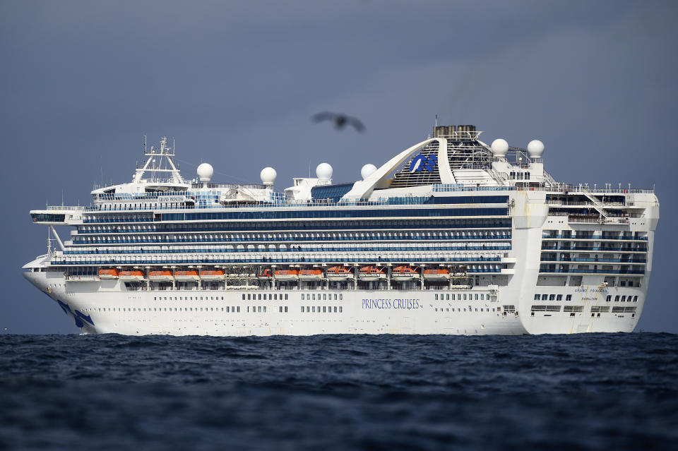 Carrying multiple people who have tested positive for COVID-19, the Grand Princess maintains a holding pattern about 30 miles off the coast of San Francisco, Sunday, March 8, 2020. The cruise ship is scheduled to dock at the Port of Oakland on Monday. (AP Photo/Noah Berger)