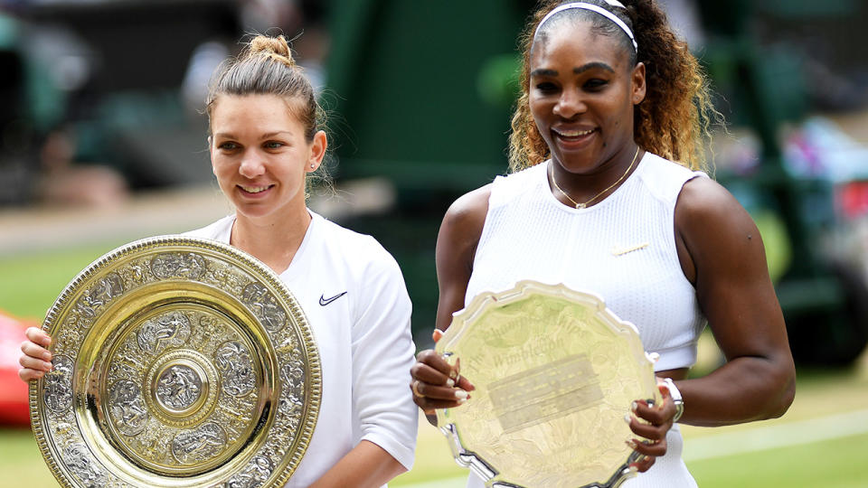 Simona Halep and Serena Williams, pictured here after the Wimbledon final in 2019.