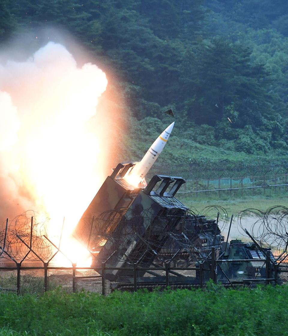 US Army Tactical Missile System (ATACMS) firing a missile into the East Sea during a South Korea-U.S. joint missile drill.