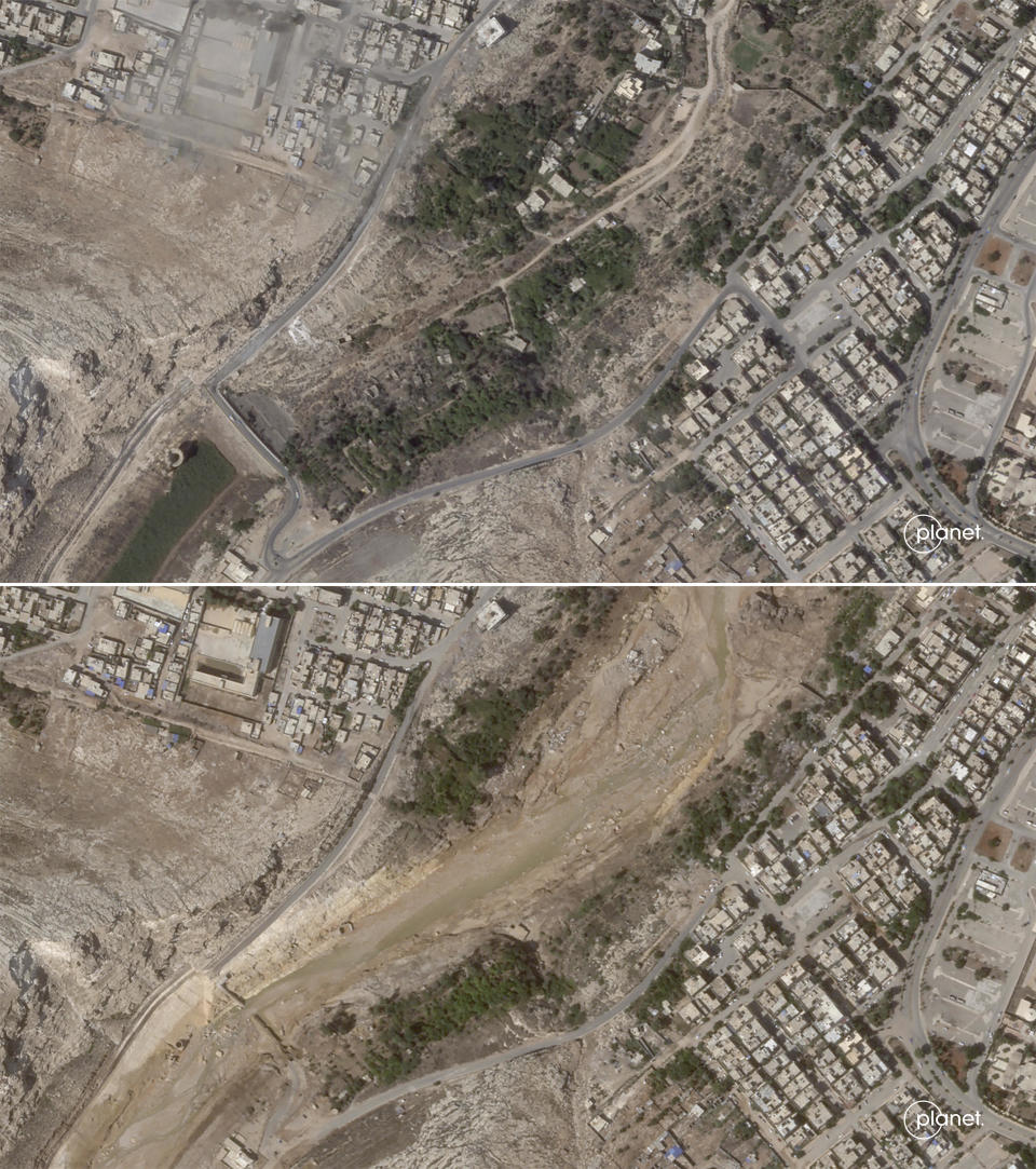 This combination of satellite photos from Planet Labs PBC show a dam on Sept. 2, 2023, top, and after it collapsed on Tuesday, Sept. 12, 2023, bottom, in Derna, Libya. / Credit: Planet Labs PBC via AP