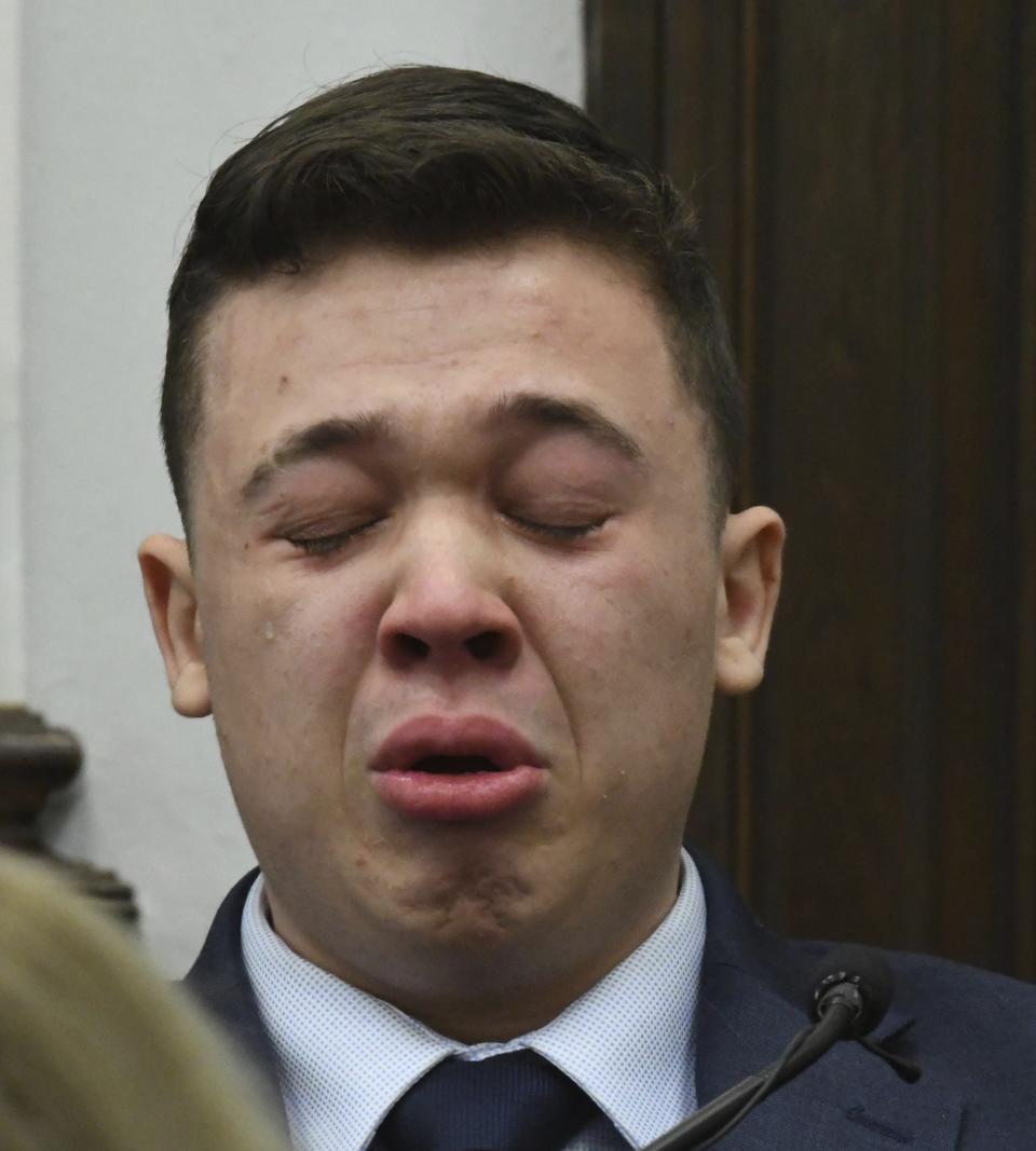 Kyle Rittenhouse breaks down on the stand as he testifies about his encounter with the late Joseph Rosenbaum during his trial at the Kenosha County Courthouse in Kenosha, Wis., on Wednesday, Nov. 10, 2021. Rittenhouse is accused of killing two people and wounding a third during a protest over police brutality in Kenosha, last year. (Mark Hertzberg /Pool Photo via AP)