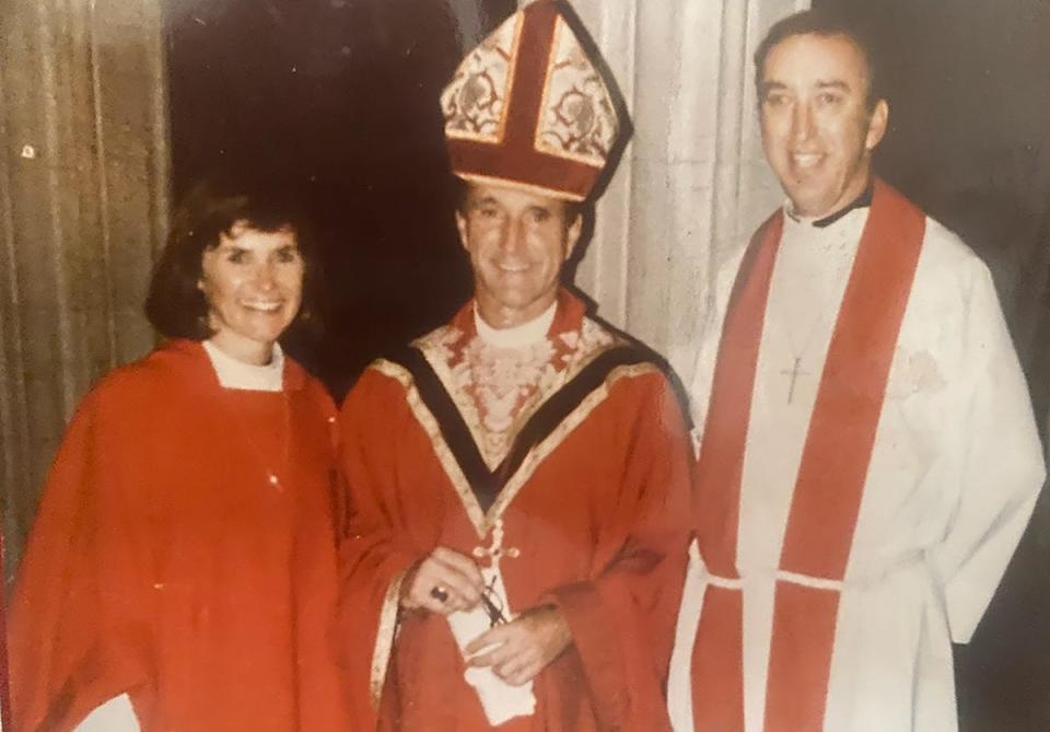 The Rev. Davette Turk (left) is shown shortly after her 1985 ordination as the first female priest in the Episcopal Diocese of Florida. At right is her husband, the Rev. Richard Turk, also an Episcopal priest, and center is then-Florida Bishop Frank Cerveny.