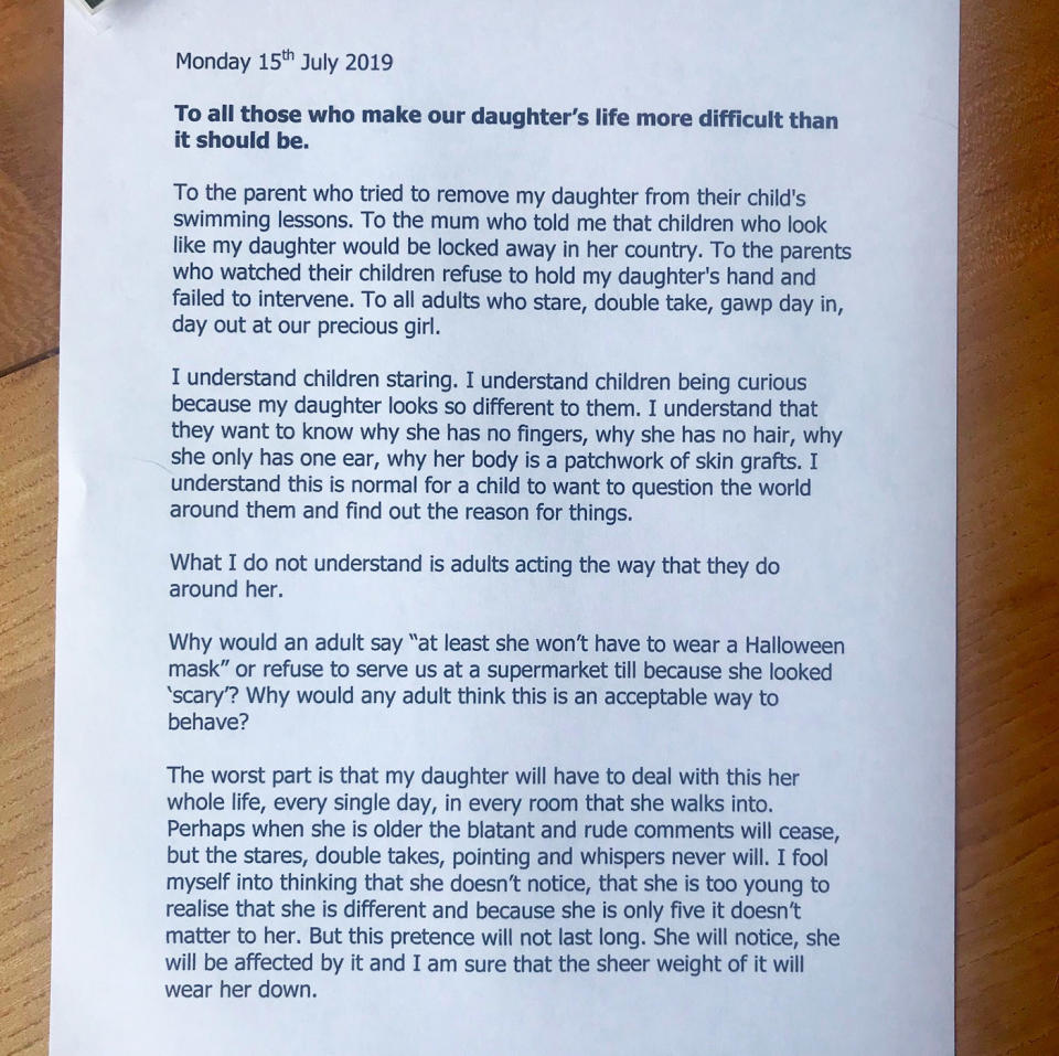 Liam and Sinead Soffe wrote a heartbreaking open letter urging adults to teach their own children to treat their little girl the same as other kids. Source: Changing Faces / Facebook