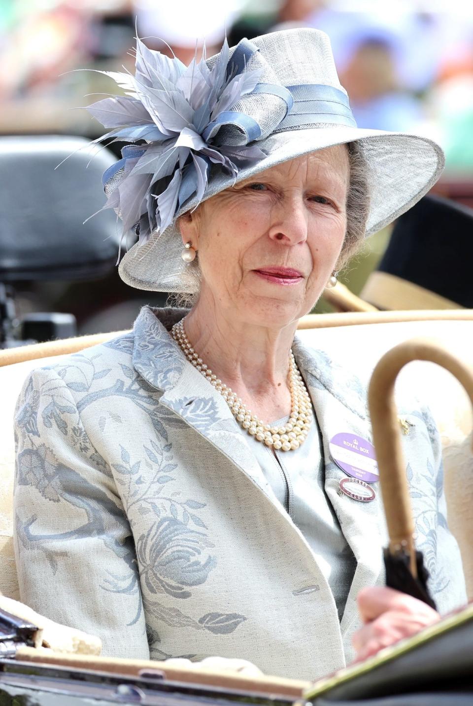 Princess Anne wearing a pale blue coat dress and matching hat.