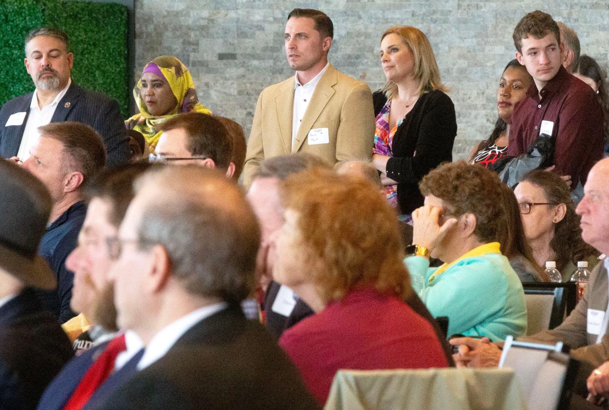 Attendees gather to listen to a conversation between Congresswoman Mariannette Miller-Meeks and Speaker of the House Mike Johnson Sunday, April 28, 2024 at the Courtyard by Marriott in Iowa City, Iowa.