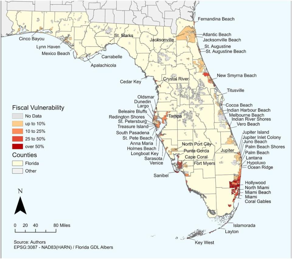 This image shows which municipalities in Florida have a high percentage of property value (and therefore, property taxes) at risk from sea level rise-induced flooding.
