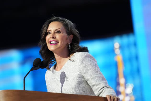 Michigan Governor Gretchen Whitmer speaks from the podium Thursday during the final day of the Democratic National Convention in Chicago. 