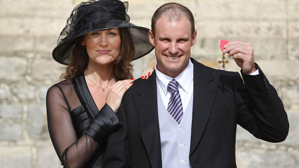 Andrew and Ruth pose with his OBE in 2011. (Photo by Lewis Whyld/WPA Pool/Getty Images)