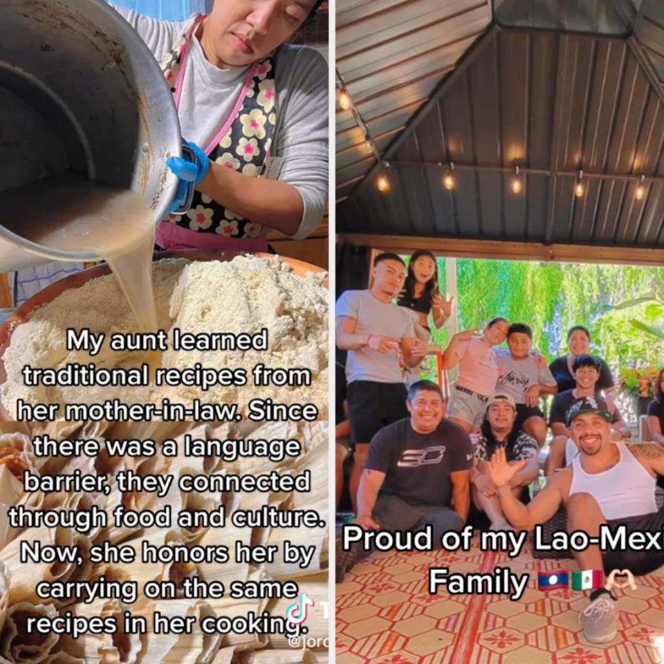 owner preparing tamales and the owner's family posing in a cabana with text: "i'm proud of my lao-mex family"