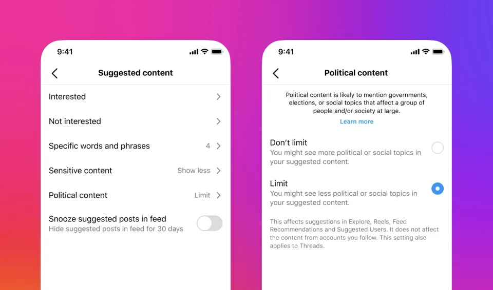 Instagram's setting for opting opting in to political content.