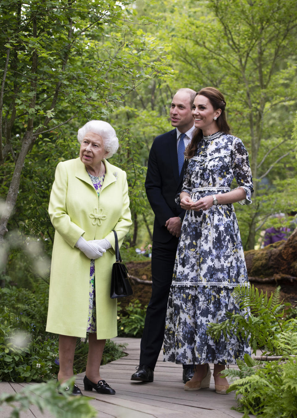 LONDON, ENGLAND - MAY 20: Queen Elizabeth II is shwon around 'Back to Nature' by Prince William and Catherine, Duchess of Cambridge at the RHS Chelsea Flower Show 2019 press day at Chelsea Flower Show on May 20, 2019 in London, England. (Photo by Geoff Pugh - WPA Pool/Getty Images)