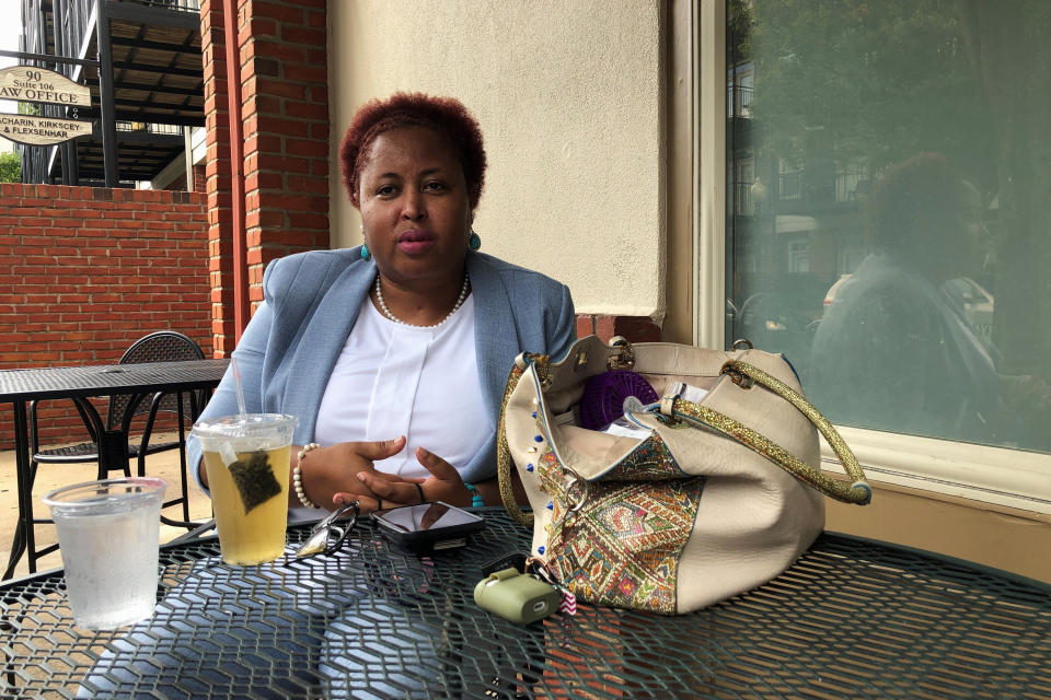 Democratic U.S. Senate candidate Marquita Bradshaw speaks with a reporter on Wednesday, Sept. 16, 2020, in Memphis, Tenn. Bradshaw is facing Republican Bill Hagerty in the race to fill a Tennessee U.S. Senate seat left open by retiring Republican Lamar Alexander. (AP Photo/Adrian Sainz)