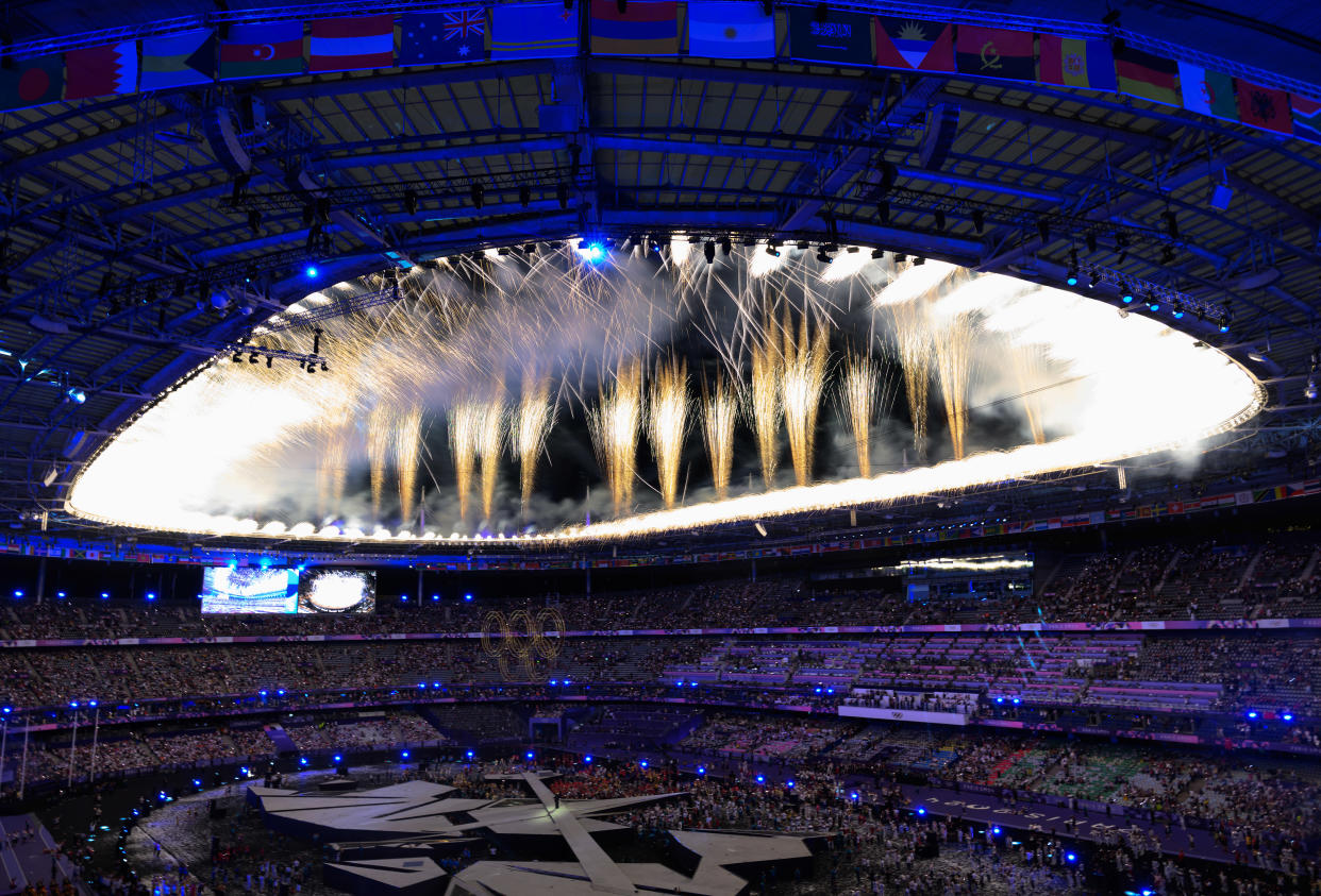 PARIS, FRANCE - AUGUST 11: Fireworks during the closing ceremony of the Olympic Games Paris 2024 at the Stade De France on August 11, 2024 in Paris, France. (Photo by Karwai Tang/Getty Images)