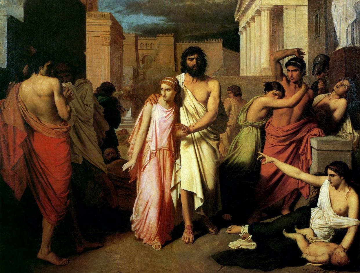 <span class="caption">'Antigone leads Oedipus out of Thebes' painting by Charles Francois Jalabert.</span> <span class="attribution"><a class="link " href="https://upload.wikimedia.org/wikipedia/commons/b/b0/The_Plague_of_Thebes.jpg" rel="nofollow noopener" target="_blank" data-ylk="slk:Collection Musée des Beaux-Arts de Marseille via Wikimedia Commons;elm:context_link;itc:0;sec:content-canvas">Collection Musée des Beaux-Arts de Marseille via Wikimedia Commons</a></span>