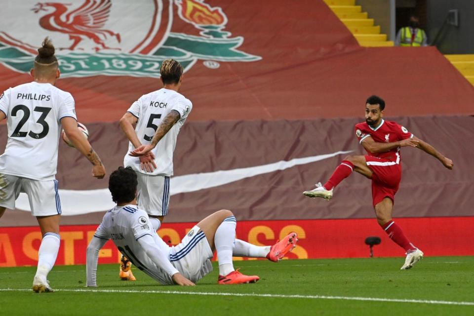 Mo Salah scores his second to give Liverpool the lead at half time against Leeds (Getty Images)