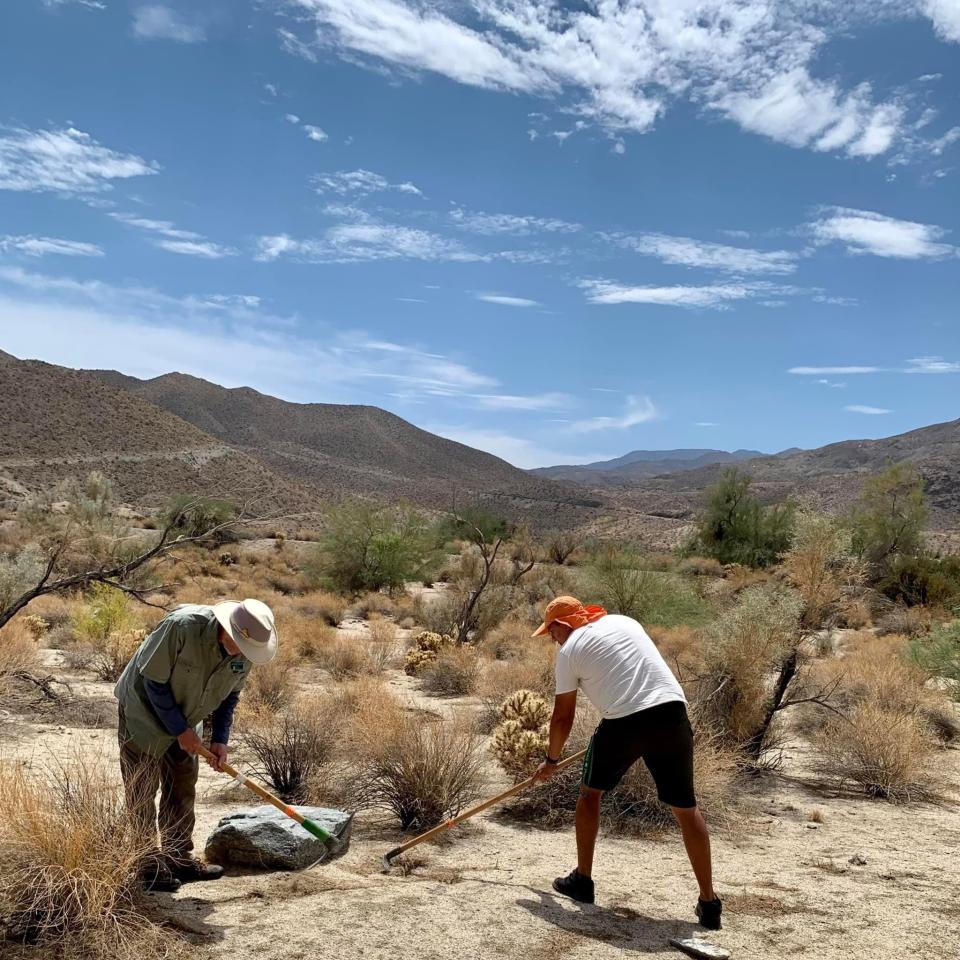 Friends of the Desert Mountains volunteer Gordon Fidler and Director of Education Oscar Ortiz work to maintain trail areas.